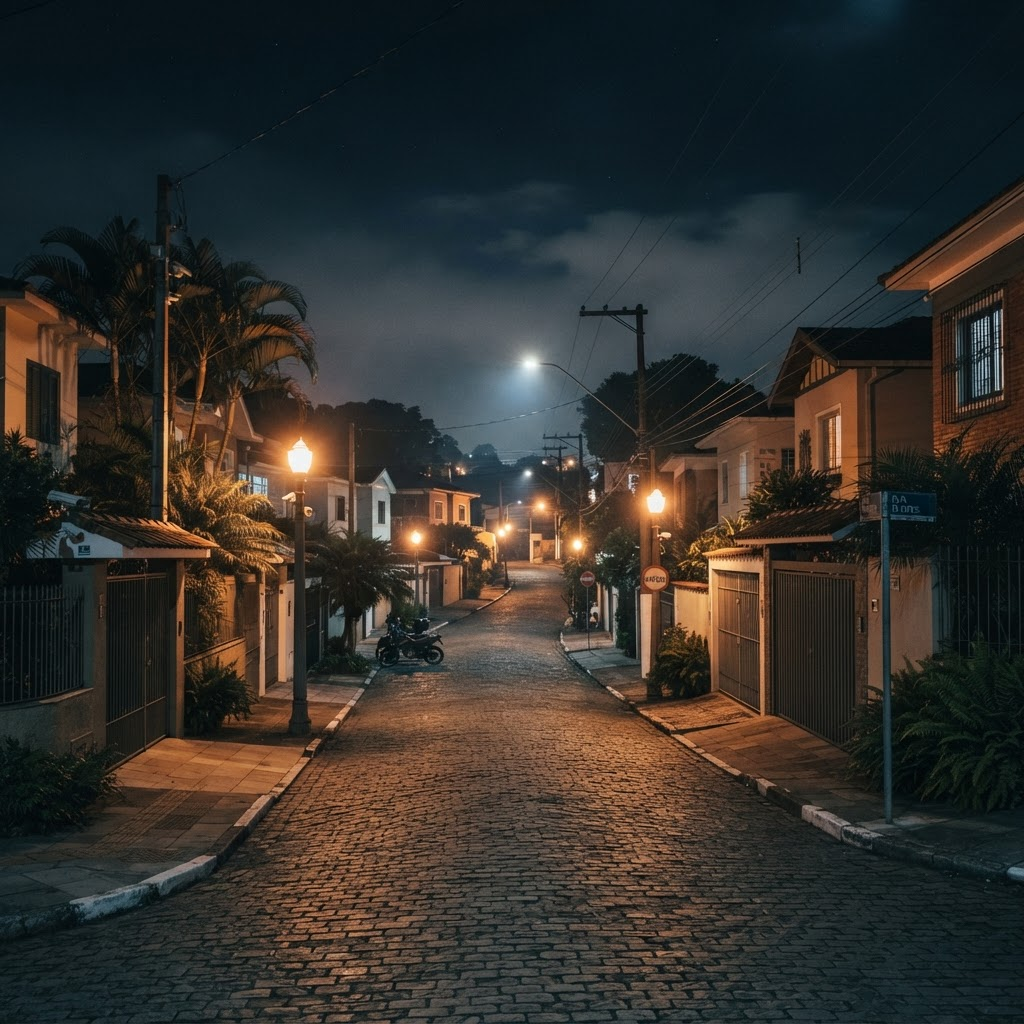 Rua residencial à noite sob vigilância